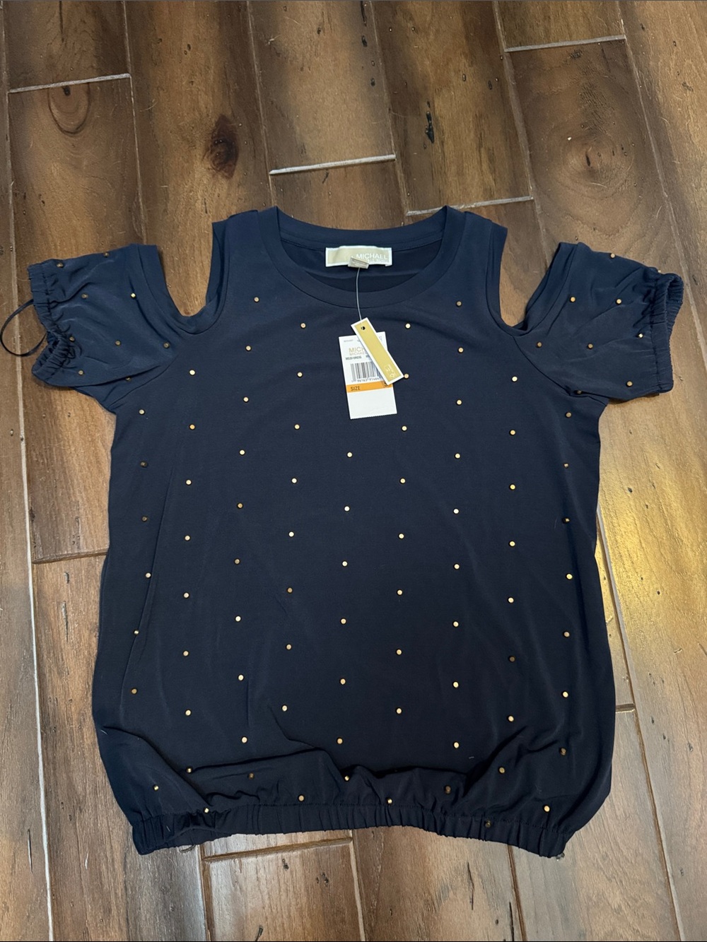 Michael Kors Navy Cold-Shoulder Top with Gold Studs
